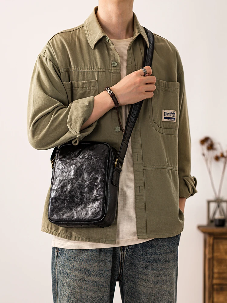 Simple vintage high-quality genuine leather men small mobile phone bag leisure weekend daily real cowhide shoulder crossbody bag