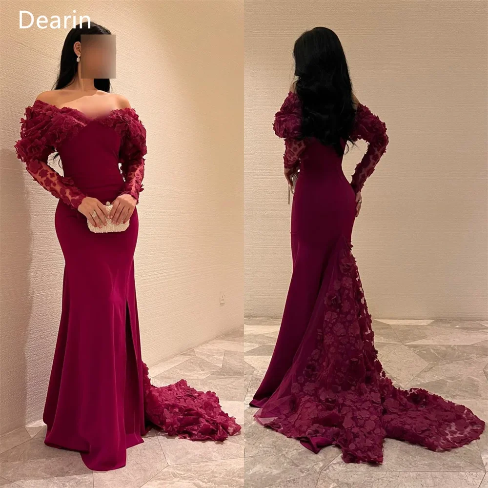 อย่างเป็นทางการชุดพรหมผู้หญิง Dearin Off-the-ไหล่ Mermaid ชั้นความยาว Draped ลูกไม้ Applique ดอกไม้ Bespoke โอกาส Evenin