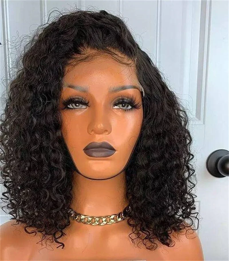 Side Part Soft Natural Black Short 18inch 180% Kinky Curly Lace Front Wig For Women BabyHair Heat Resistant Preplucked Glueless