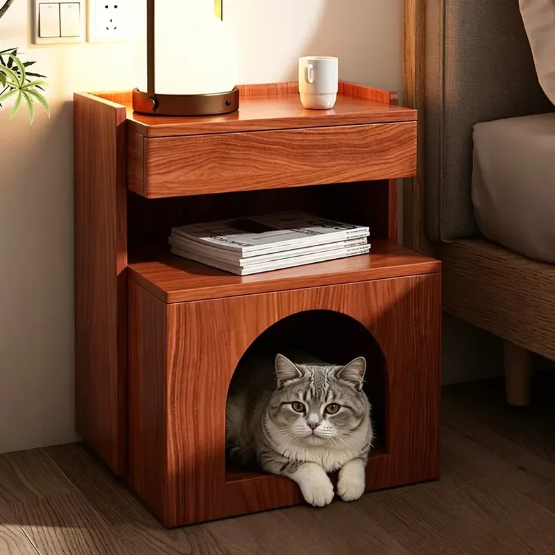 for 2-in-1 Bedside Table and Cat Condo Wooden Storage Nightstand with Private Cat Nest Pet Friendly Side Table for Small