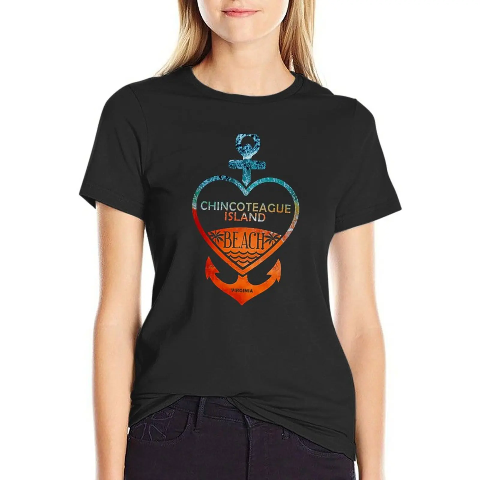 Chincoteague Island Beach, Virginia, Sandy Heart Ship Anchor T-Shirt quick drying Blouse summer tops black t shirts for Women