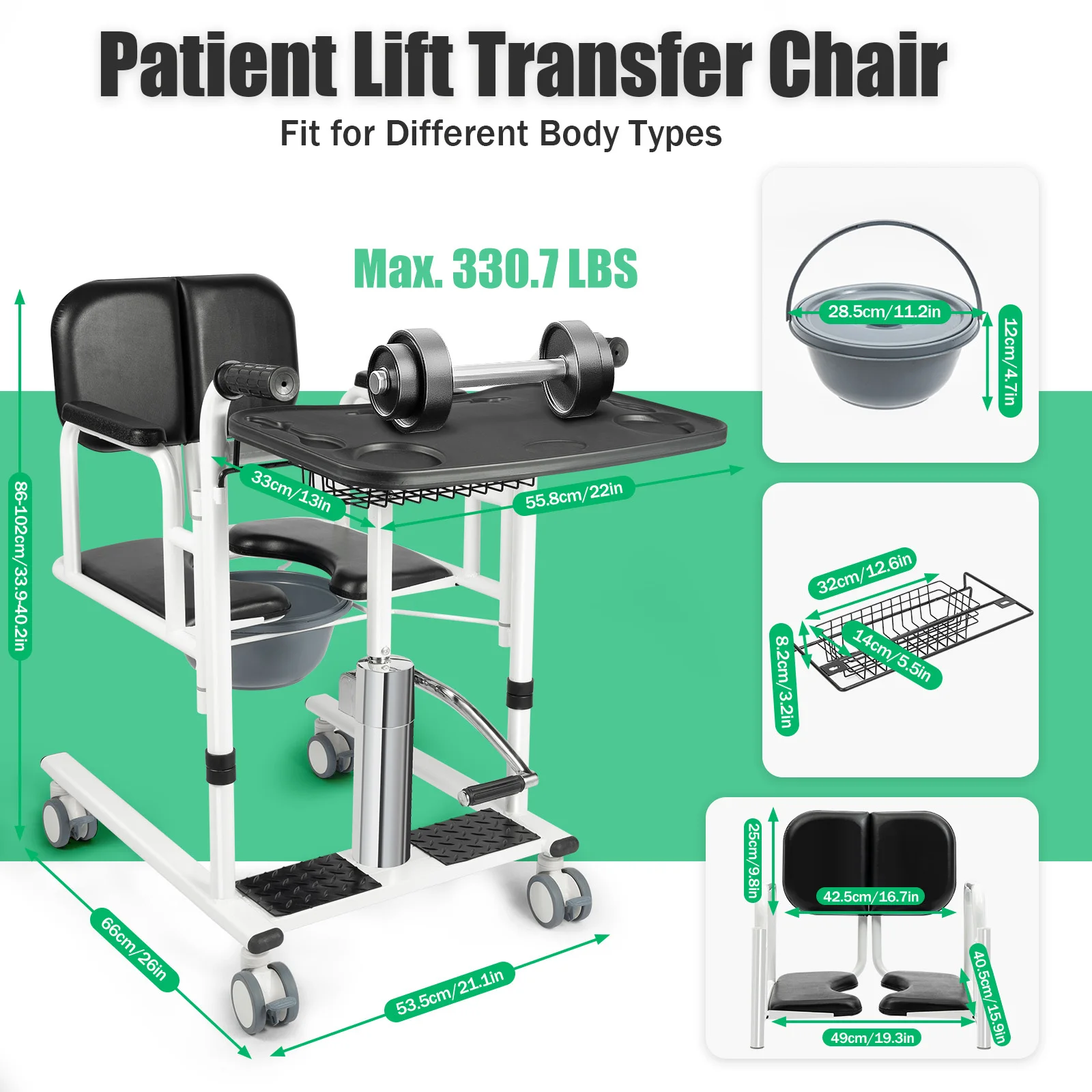 Hydraulischer Patientenlifter für den Heimgebrauch, tragbarer Transferstuhl mit 4 Universalrädern & 180°-Drehung ° Liegesessel, 150 kg Tragkraft, Pflegehilfe für Senioren (Schwarzes Display, gleiche Spezifikationen für Orange & Blau) – Detail 5