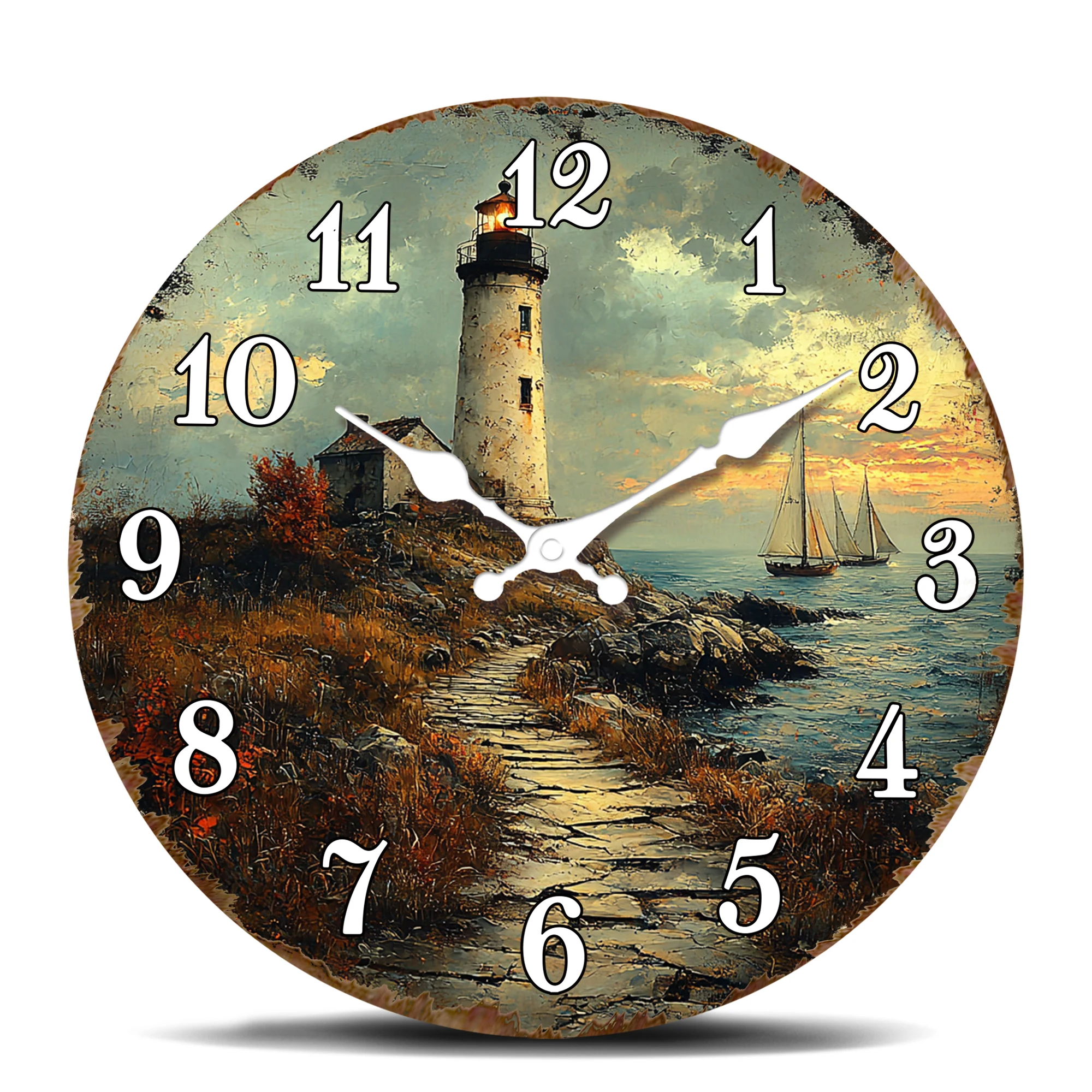 Coastal Lighthouse Path Round Wall Clock, Seaside Scenery Design Decorative Wall Art Clock, Nautical Beach House Style Timepiece