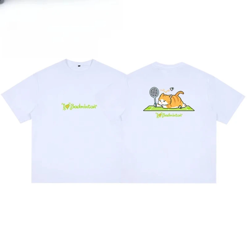 

Orange Cat Playing Badminton Cartoon Summer Sports Short-sleeved T-shirt for Both Men and Women