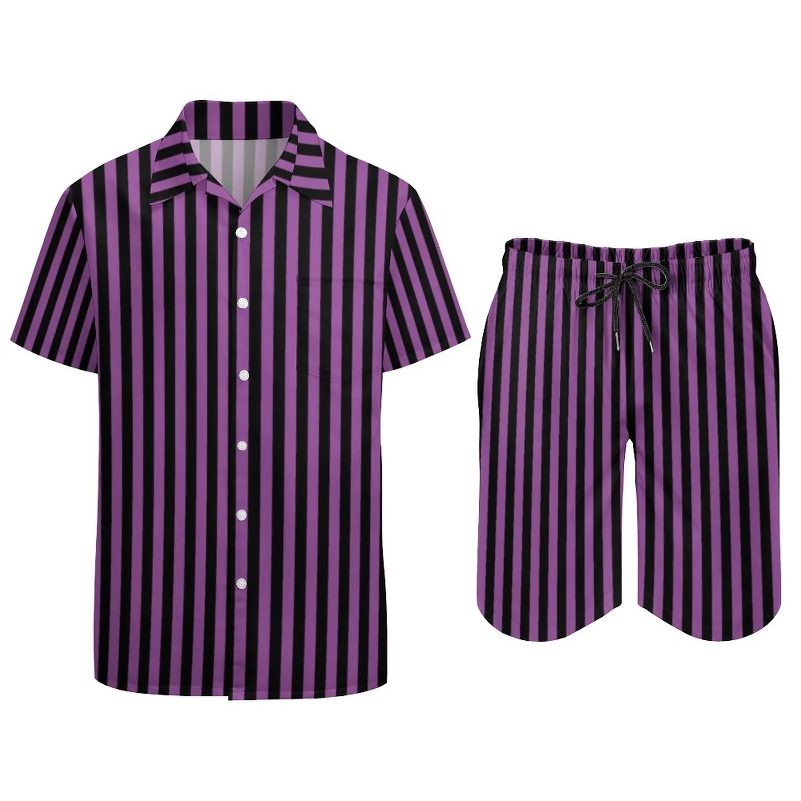 Vertical Striped Halloween Men Sets Purple Black Line Casual Shorts Summer Hawaii Vacation Shirt Set Short-Sleeve Plus Size Suit