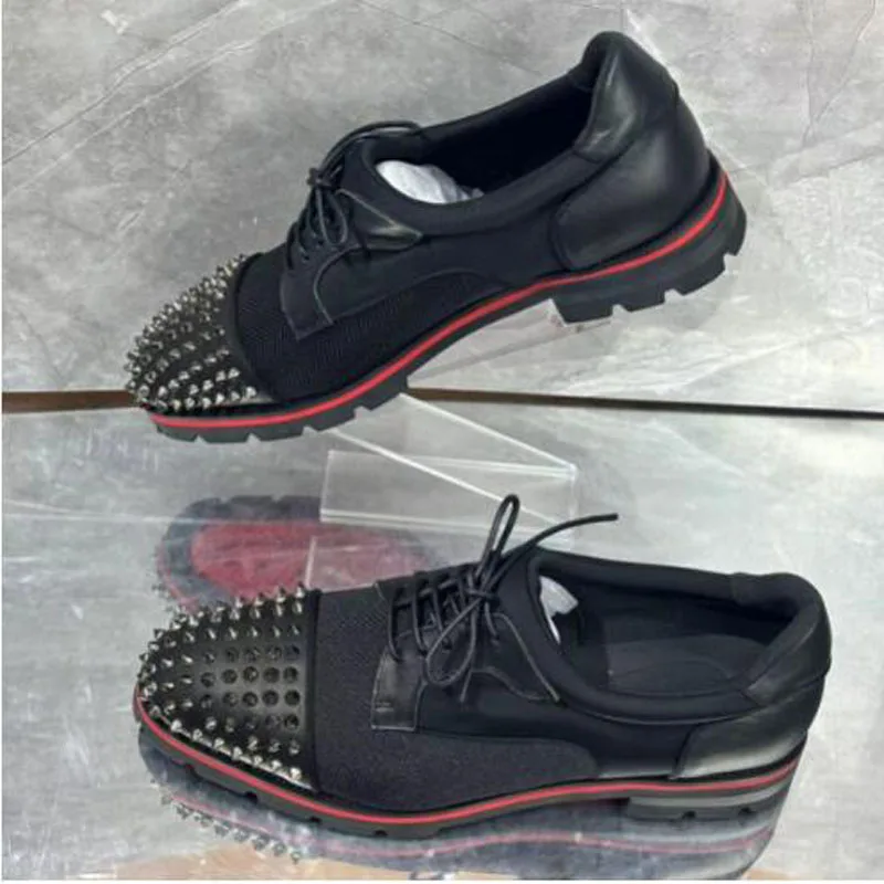 Size 47 Men Fashion Black Genuine Leather Patchwork Round Toe Sliver Spike Studded Rivet Lace Up Low Top Business Dress Shoes