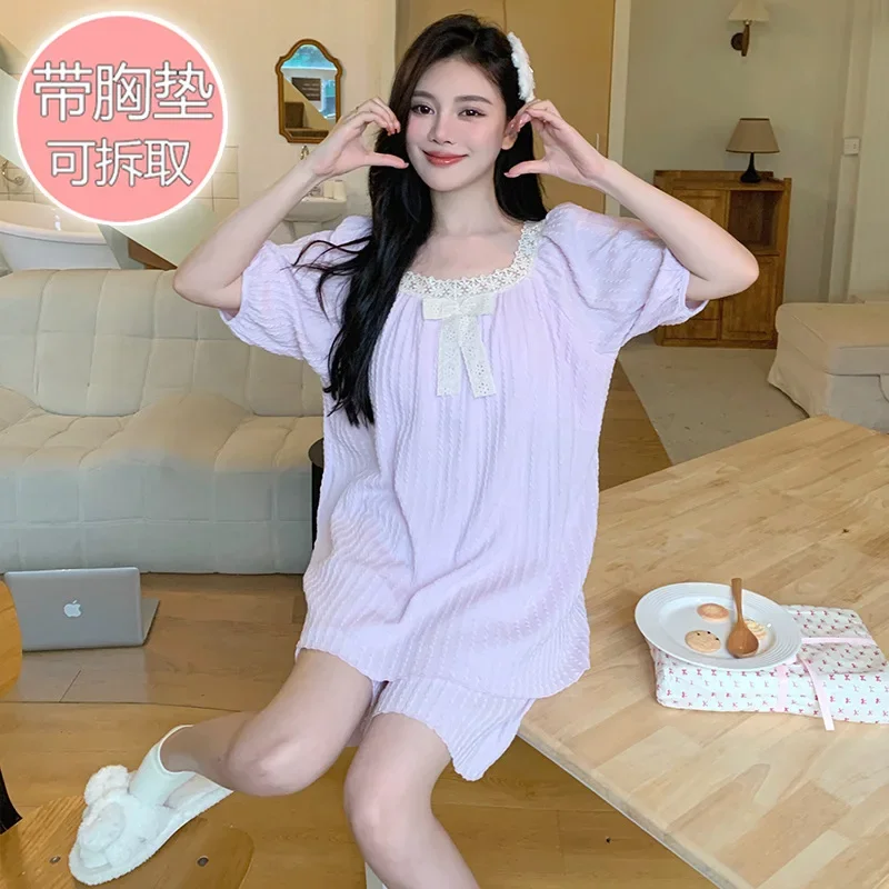 Plus Size Women's Summer Cotton Short Sleeve Loose-fit Pajama Set Chest Pad Soft Comfortable Sleepwear Suitable for Home Wear