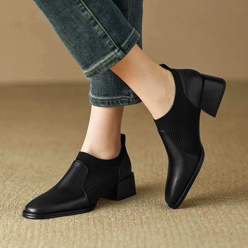 2023 New Genuine Leather Top Quality Sheepskin Shoes Woman Spring Slip on Dress Black Round Toe Ladies Loafers High Heel Shoes