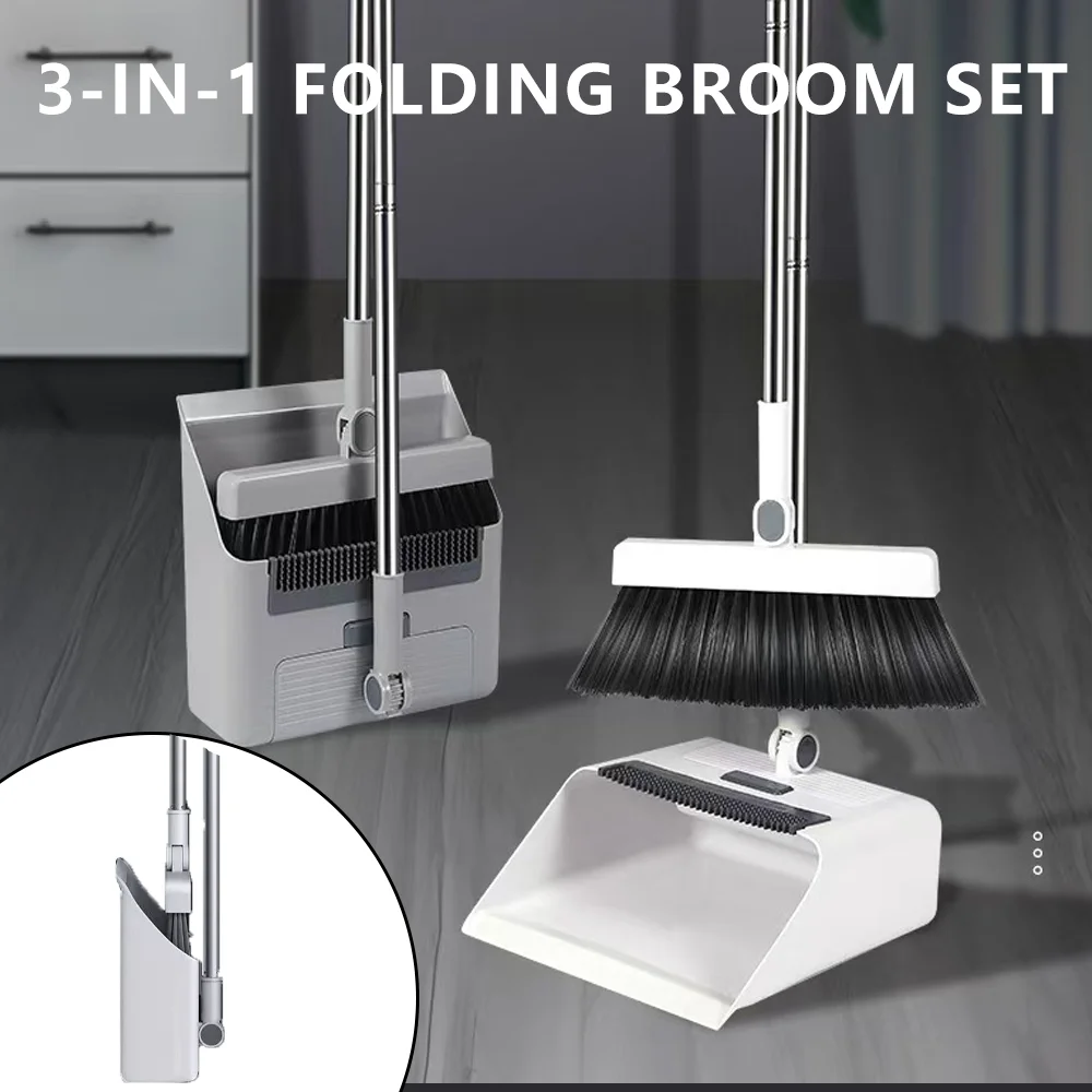 

Multi-Function 3-in-1 Folding Broom Set Broom Dustpan Floor Brush Dustpan Combination Cleaning Kit for Household Room Bathroom