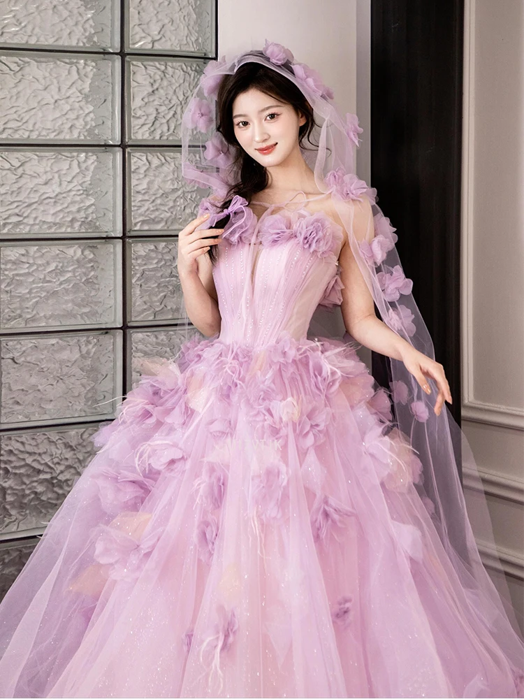 Luxury Flower Applique Wedding Dresses Women Strapless 3D Flowers A-Line Bridal Gown Customized Elegant Prom Evening Party Dress