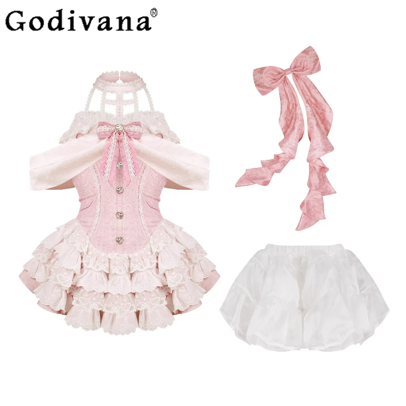 فستان الجاكار الوردي مع القوس المرأة لوليتا نمط الحلو فستان لطيف الإناث القوس طوق فستان قصير الفتيات مجموعة صخب الأبيض