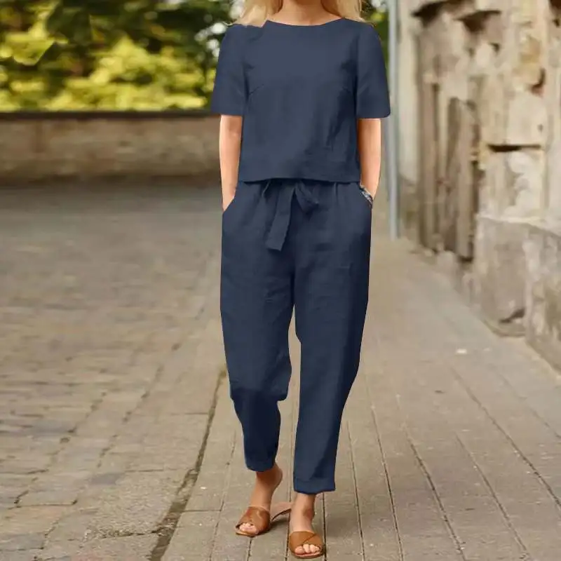 Summer Women Loose Linen Cotton Matching Sets Short Sleeve Tops with Trousers Solid 2 Piece Set Casual Vintage Pocket Outifits