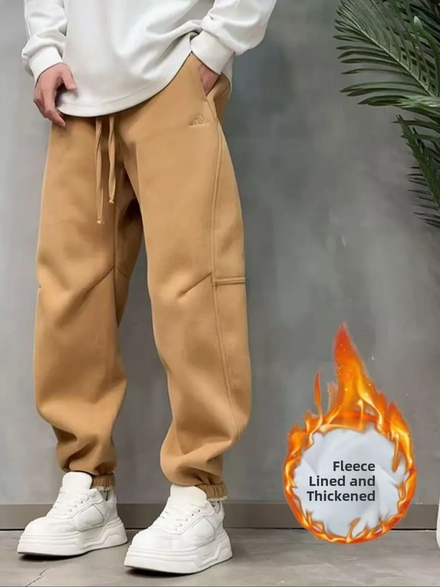 

Мужские повседневные брюки LKTNINE American Style свободного кроя с вышивкой, на флисовой подкладке, утепленные, осенне-зимние, с манжетами