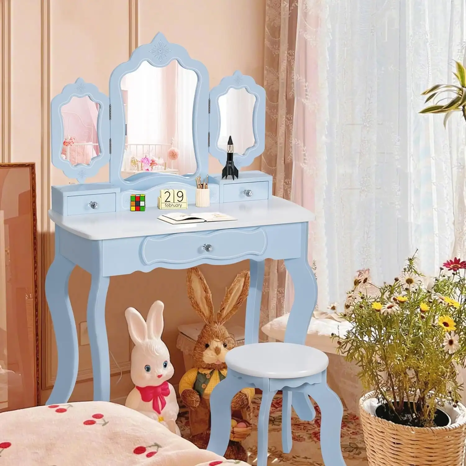 Kids Vanity Set with 2-in-1 Wooden Makeup Table and Stool Table Set, Blue