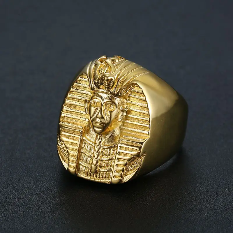 Megin D Stainless Steel Titanium Hip Hop Punk Egyptian Pharaoh Human Gold Color Rings for Men Women Couple Gift Fashion Jewelry