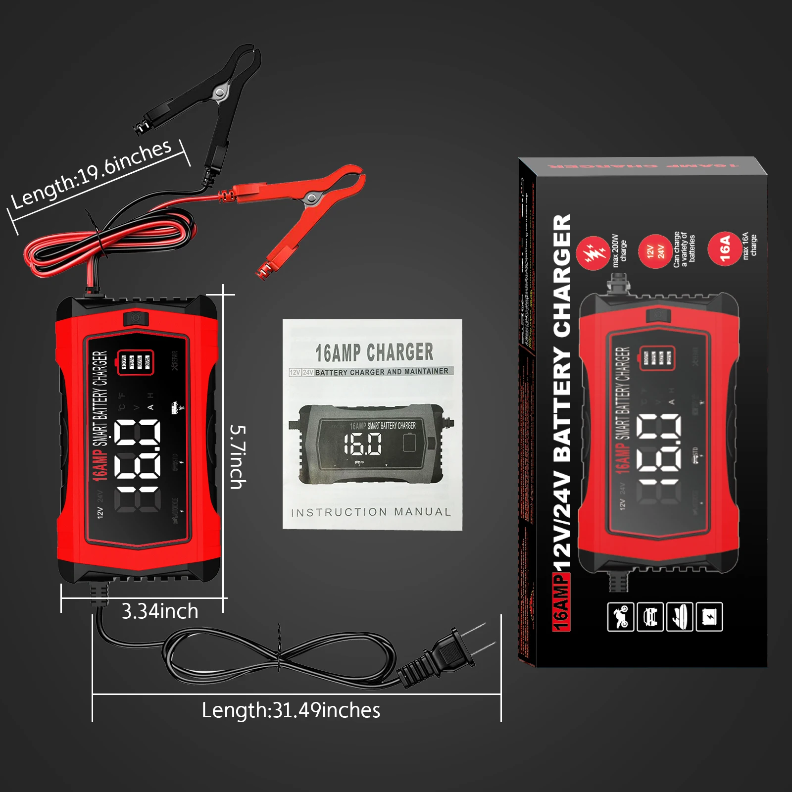 HTRC 12V 16A 24V 10A Car Battery Charger For Lithium LiFePO4 AGM GEL Lead-Acid Batteries Pulse Repai