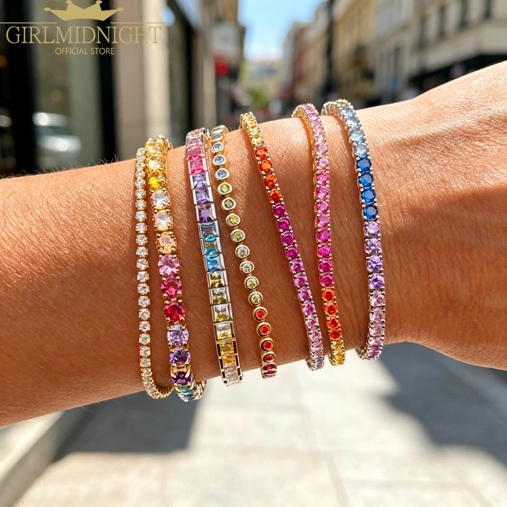 2026 Neu Eingetroffenes Tennis-Armband mit Runden Kubischen Zirkonia für Damen und Mädchen Luxus-Schmuck in Goldfarbe Regenbogen CZ Wunderschönes Trendiges Armreif
