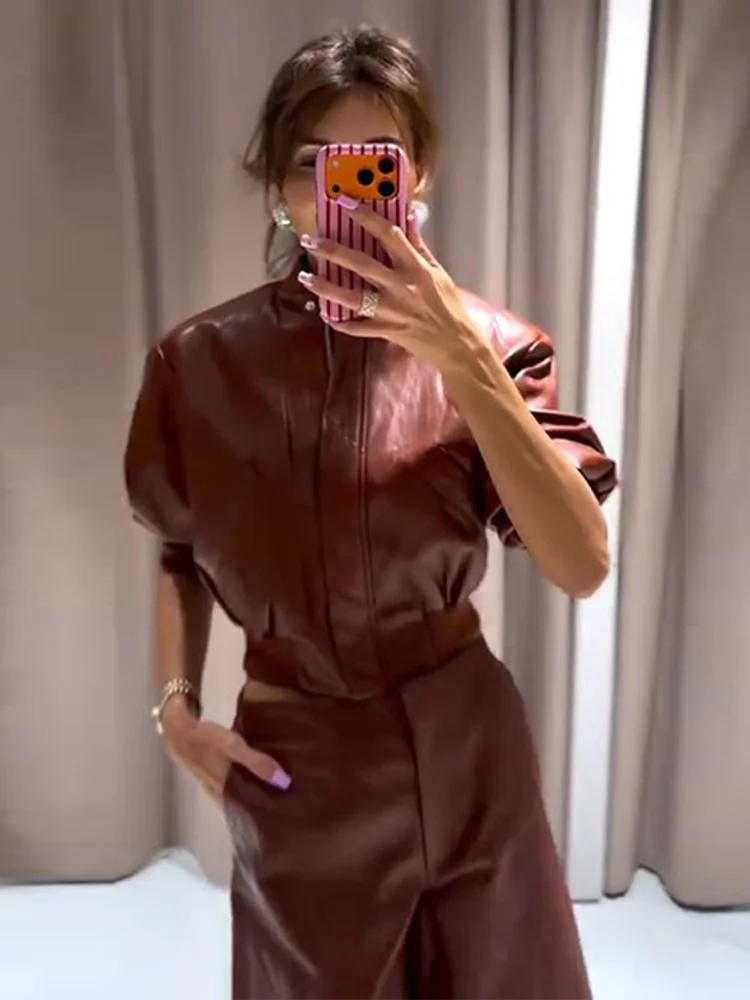 Solid Faux Leather Flight Jacket Women's Suits Full Sleeve Zippers Female 2026 Spring Autumn Fashion Skirt Sets High Street