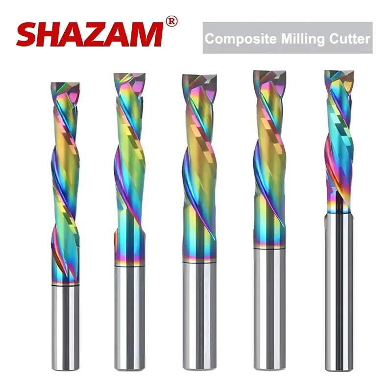 SHAZAM 3.175 2-Flute Compound Milling Cutter DLC Coating Tungsten Steel Carbide Woodworking Acrylic CNC Spiral Milling Cutter