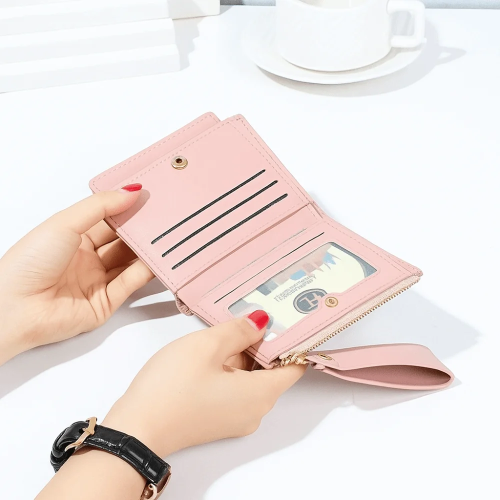 

Solid Color Folding Wallet Multiple Card Snap Button Women Short Wallet Korean Style Anti-Splash Water PU Card Bag Dating