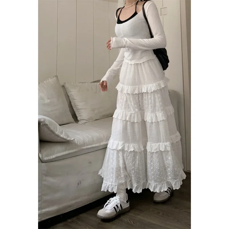 حجم كبير حجم كبير المرأة الدانتيل الأبيض الجوف خارج الربط عالية الخصر نصف تنورة كعكة تنورة الصيف خرافة نمط Fashionab...