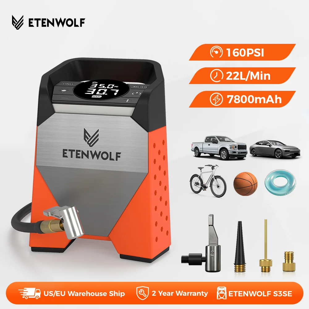 Image of Neuer tragbarer ETENWOLF S3C-Luftkompressor, 7800 mAh, Reifenfüller, schnelles Aufpumpen, 160 PSI, 100 % Arbeitszyklus für Autos, Fahrräder, Bälle