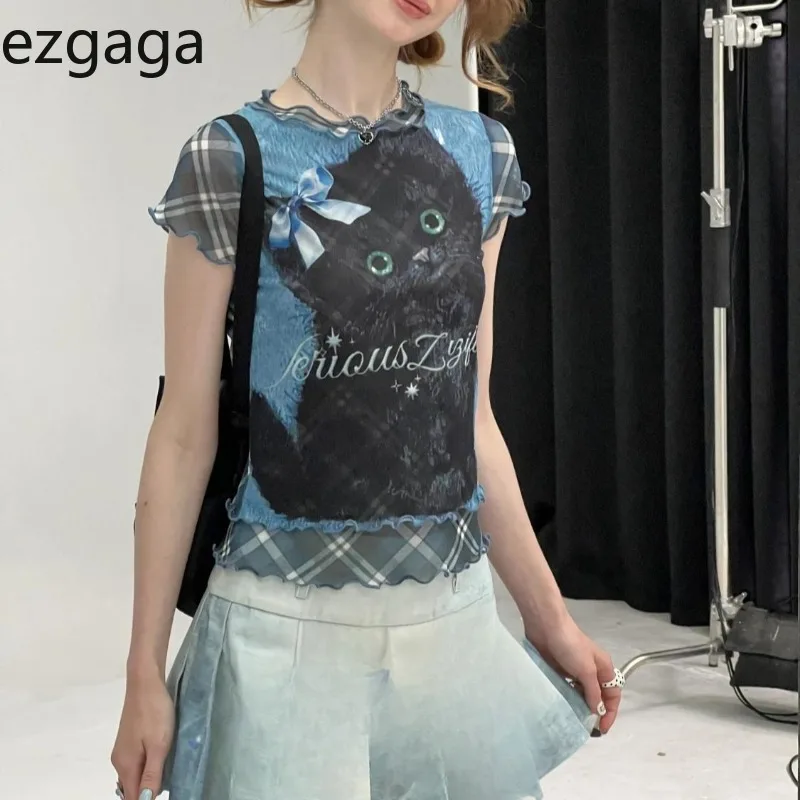 

Ezgaga Harajuku T Shirts Women Cartoon Cat Mesh Patchwork Slim Bow Vintage Sweet Summer Fashion Crop Tops Ladies Casual Tshirt