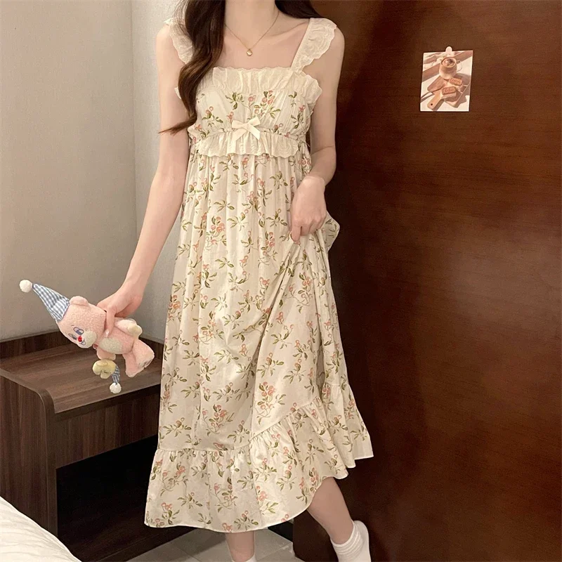 Nightgowns for Women Summer Sweet Floral Sleepwear Lounge Aesthetic Prairie Chic Ulzzang Tender Padded Baggy Loungewear Mujer