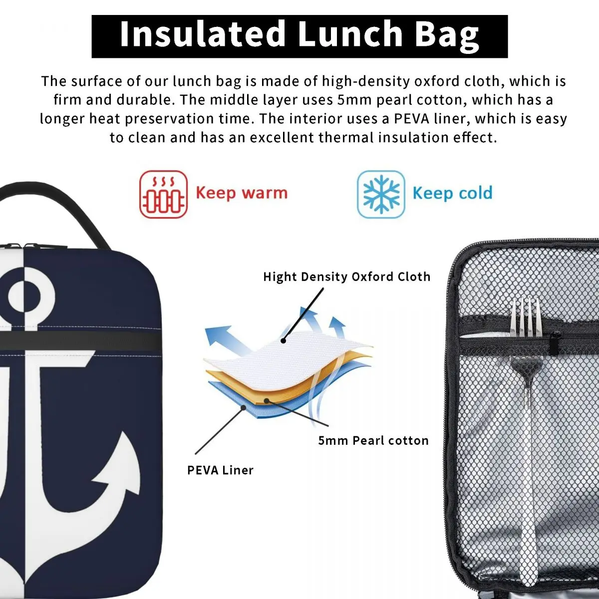 Nautischer Seemann weiß Marineblau Anker wärme isolierte Lunch-Tasche wieder verwendbare Tasche für Mittagessen Thermo kühler Lunchbox