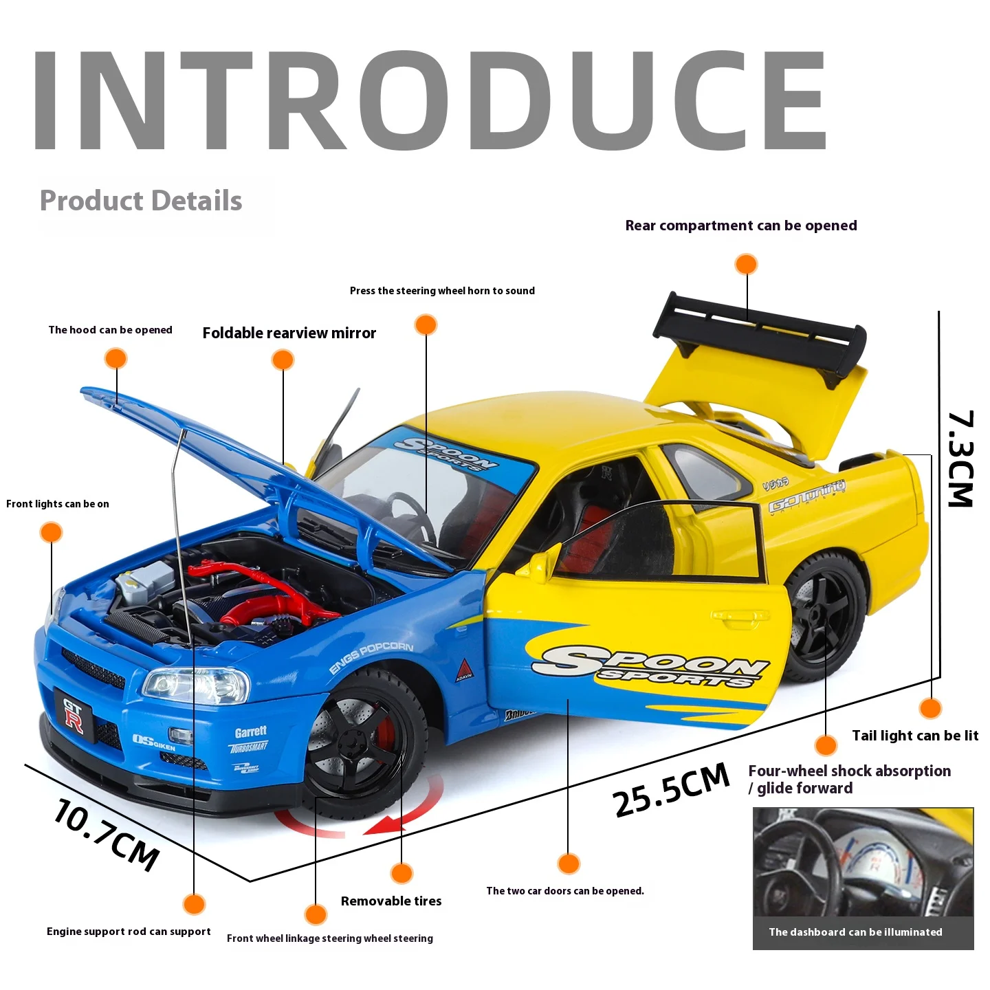 Adornos coleccionables de gran tamaño, neumáticos de modelo de coche GTR fundidos a presión de aleación 1:18, modelo de carreras DIY desmontable, regalo para niño