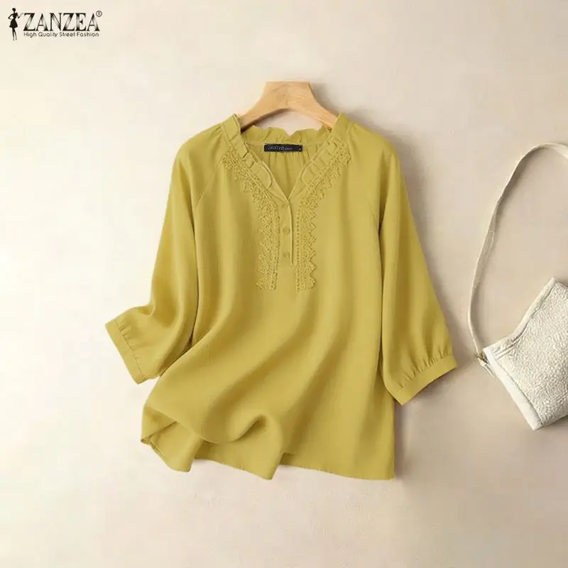 Femmes Blouse 2026 ZANZEA été dentelle garniture Blouses décontracté col en V 3/4 manches hauts Patchwork travail chemise Femme rétro coton Chemsie