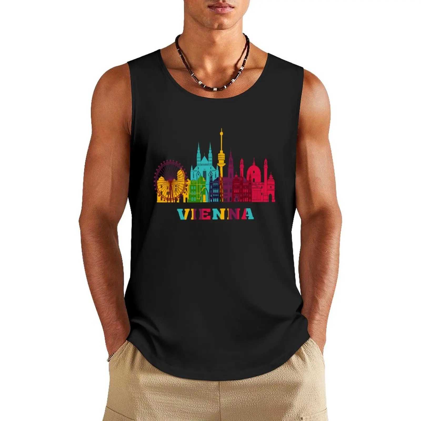 

Vienna Skyline Wien Austria Landmark Travel Souvenir Tank Top summer Men's tops Men's sleeveless t-shirt