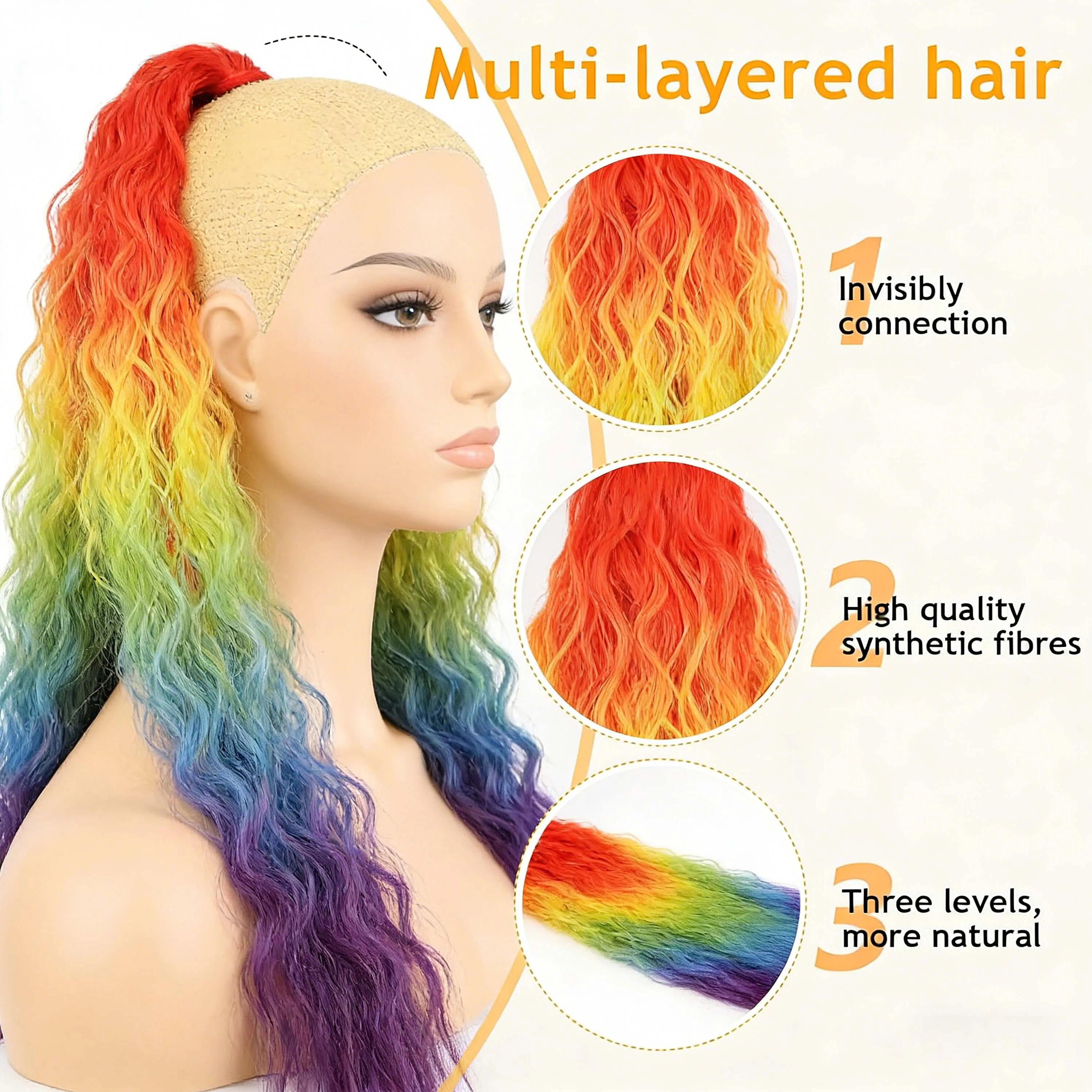 Synthetic Rainbow Claw Long Wavy Ponytail Extension 18-30" Water Wave Curly Pony Tail Clip in Hair Extensions Fluffy Natural view 2
