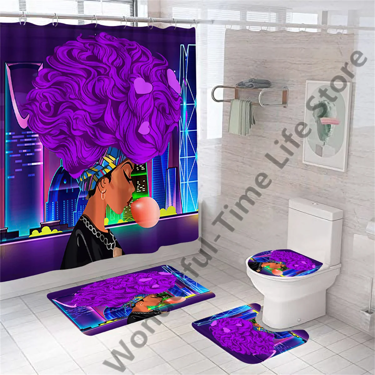 African American Black Women Print Shower Curtain Set Waterproof Bathroom Curtains Soft Anti-slip Bath Rugs Toilet Cover Carpets