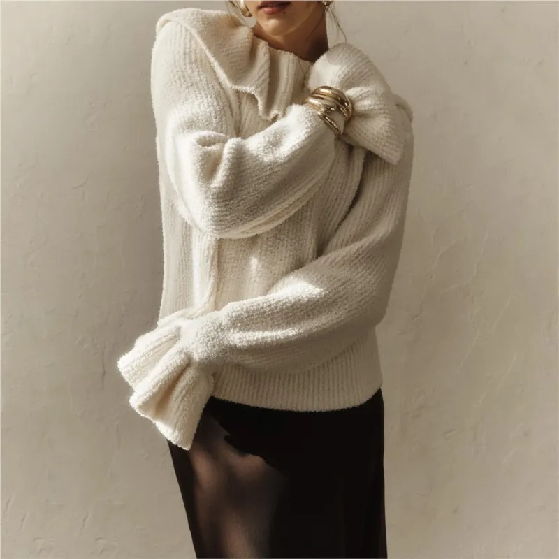 

Женский свитер с длинными рукавами и французскими рюшами, осенне-зимняя мода, элегантный дизайн, расклешенный рукав