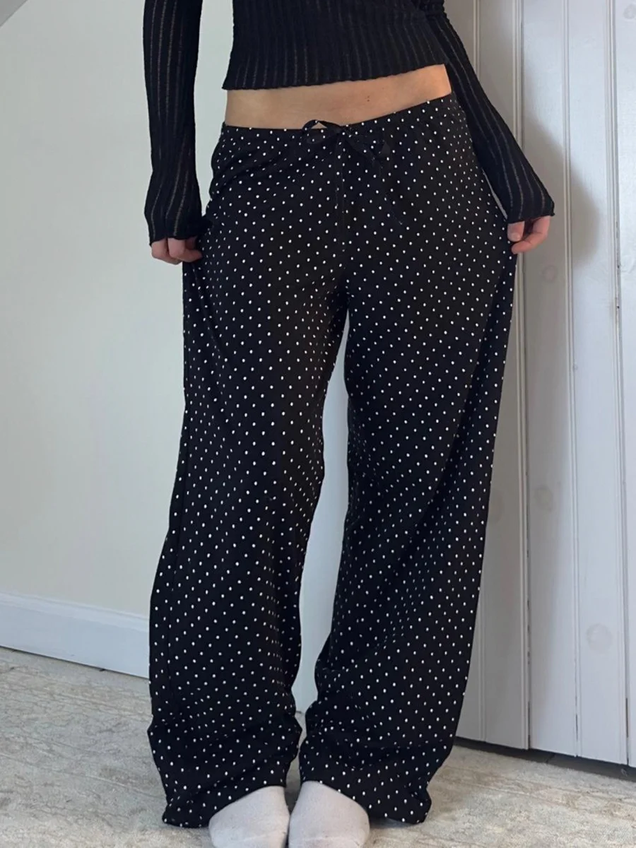 กางเกงขายาวทรงตรงลายจุดสไตล์ Y2K เอวต่ำ รูดเชือกผูกเอว สำหรับผู้หญิง แมทช์กับเสื้อผ้าได้หลากหลาย