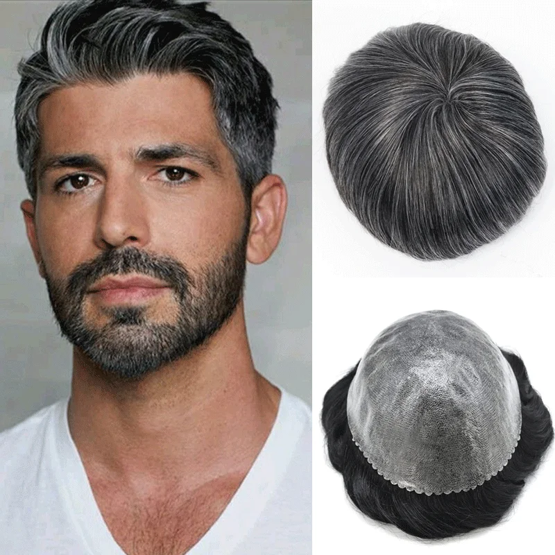شعر مستعار للرجال 1B20 & 1B30 رمادي مع قاعدة ملونة سوداء طبيعية أحادية PU شعر مستعار رجل حقيقي قطعة شعر 8x10 بوصة استبدال الشعر البشري