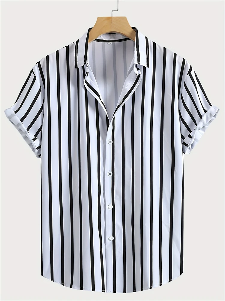 2024 New Hawaii Shirt Casual Simple Striped Printed Shirt Men\'s Office Tops Flip Lapel Single Breasted Temperament Short Sleeve