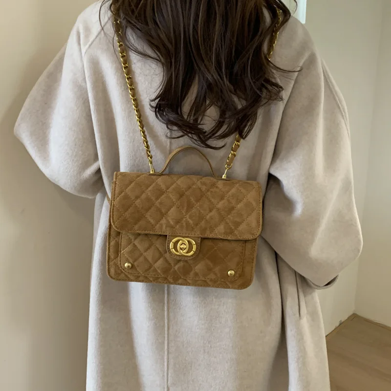 

2025 Women's Quilted Backpack Suede Leather Chain Strap Retro Rucksack Casual Commuter Daypack School Bag