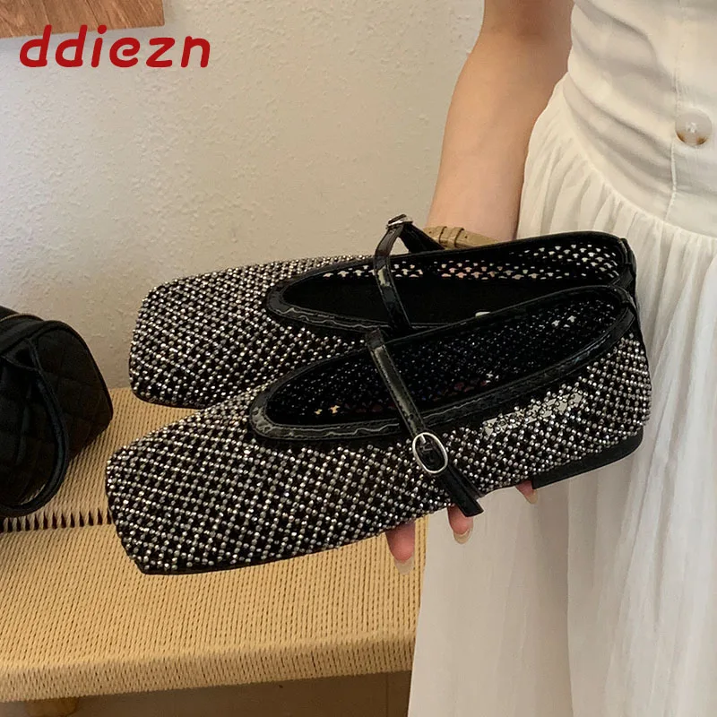 

New Luxury Rhinestones Fashion Shallow Women Mary Janes Flats Shoes Female Buckle Strap Footwear Bling Ladies Flat With Shoes