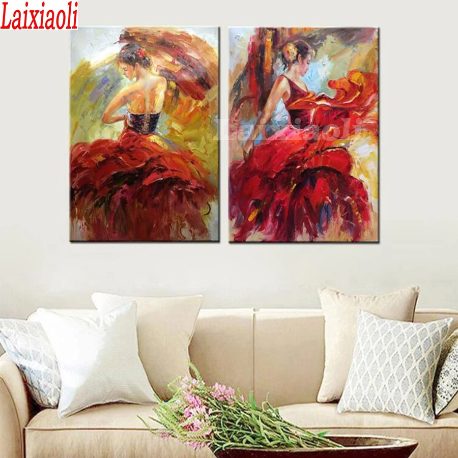 

2 pcs Red Dress Women Dancer 5D Diamond Painting Cross Stitch Diamond Embroidery Needlework Full Square round Drill Home Decor