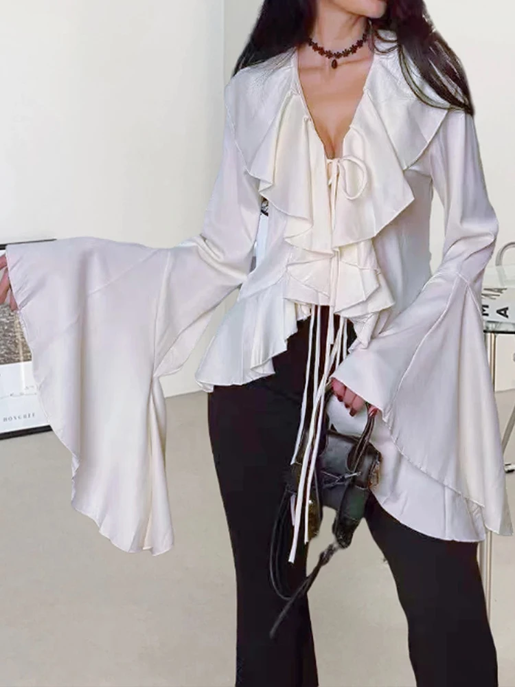 

French design irregular trumpet sleeve satin slim shirt in autumn 2025 new ruffled V-neck lace wild blouse