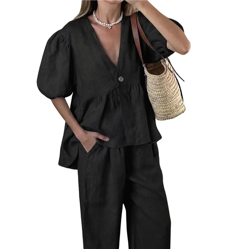 

CYL-Women's 2 Piece Linen Outfit Sets V Neck Puff Sleeve Babydoll Tops Wide Leg Pants Matching Sets