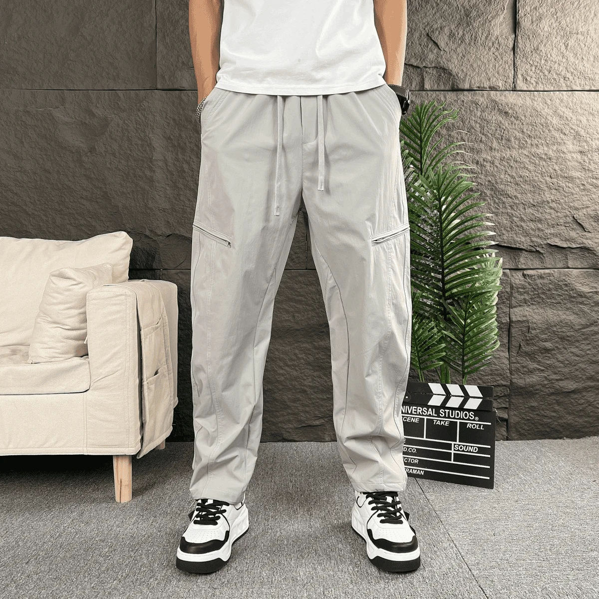 Men Summer Parachute Cargo Pants Waterproof Windproof Lightweight Straight Leg Outdoor Tactical Trousers Streetwear