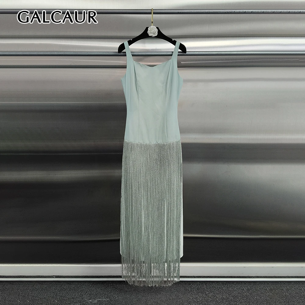 GALCAUR Solid Spliced Tassel Slimming Midi Dress for Women Square Neck Sleeveless Patchwork Zipper Summer Dresses Female Style