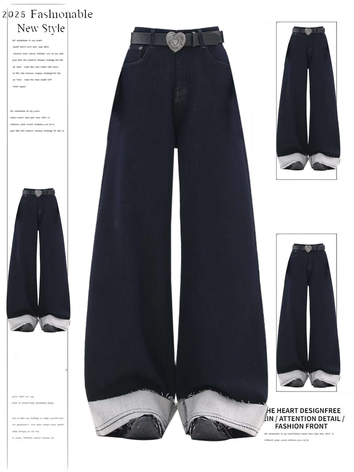 Retro American Color Blo Wide Leg Jeans Women's Autumn Winter New Design Sensation Loose Fit Long Pants High Waist Denim