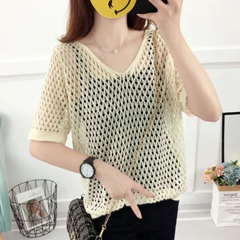 Fashion V-Neck Knitted Solid Color Hollow Out Blouse Women\'s Clothing 2023 Summer New Casual Pullovers Tops Loose Commute Shirt