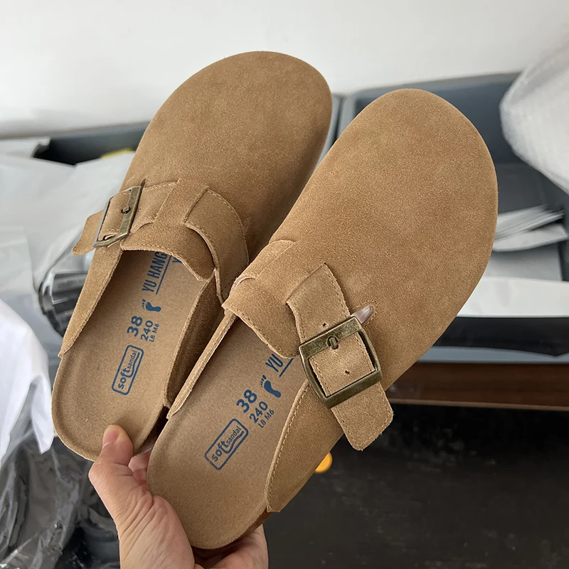 

Women's Closed Toe Slippers Cow Suede Leather Cork Clogs Sandals For Women Retro Fashion Garden Mule Clog Slides Women's Slipper