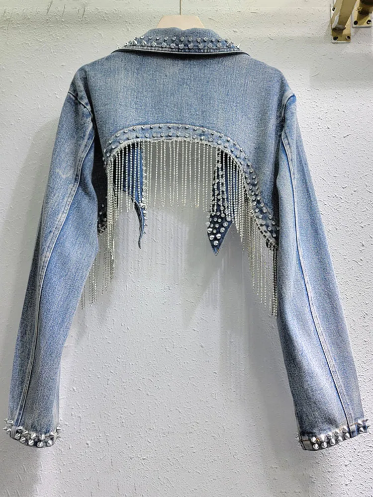 [EWQ] High Street Y2k Nail Diamond Bead Tassel Denim Jackets Vintage Short Style Cool Girl Outerwear 2024 Spring Autumn 16U8769