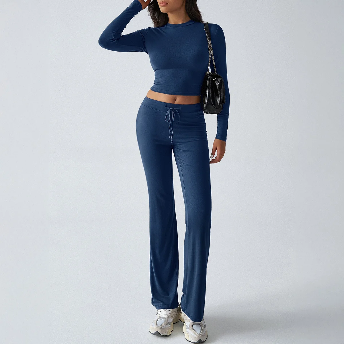 

2025 Spring/Autumn Slim Fit Long Sve T-irt And Pants Set Casual Sportswear round Ne Overhead Sle Two Piece Suite for Women